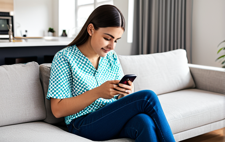 A professional-looking young adult, fully clothed in a modest, modern casual outfit, is seated comfortably on a sofa in a bright, contemporary living room. They are attentively looking at a smartphone screen held in their hands, which displays a colorful, clean e-commerce shopping app interface with various promotional offers and product recommendations. The scene is well-lit, evoking a sense of calm and focused engagement. The subject has perfect anatomy, correct proportions, well-formed hands, and a natural pose. This image is safe for work, appropriate content, and family-friendly, showcasing professional photography and high-quality detail.