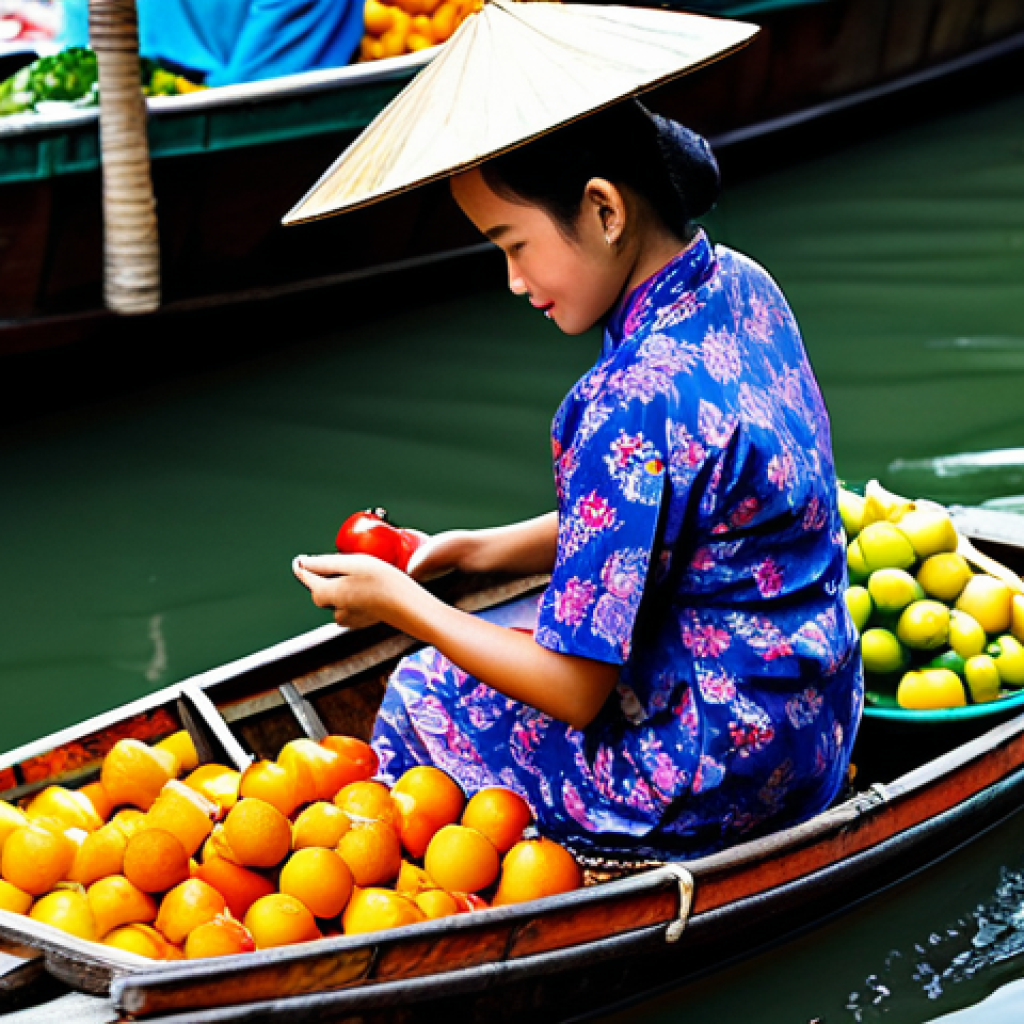 **

"A woman in modest, colorful Thai clothing, selecting fresh fruit at a vibrant floating market in Bangkok, safe for work, appropriate attire, family-friendly, perfect anatomy, natural pose, professional photography, high quality."

**