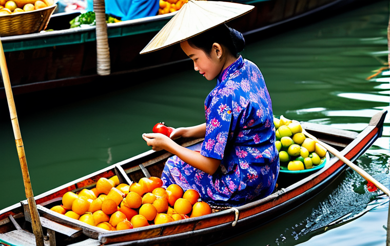 **

"A woman in modest, colorful Thai clothing, selecting fresh fruit at a vibrant floating market in Bangkok, safe for work, appropriate attire, family-friendly, perfect anatomy, natural pose, professional photography, high quality."

**