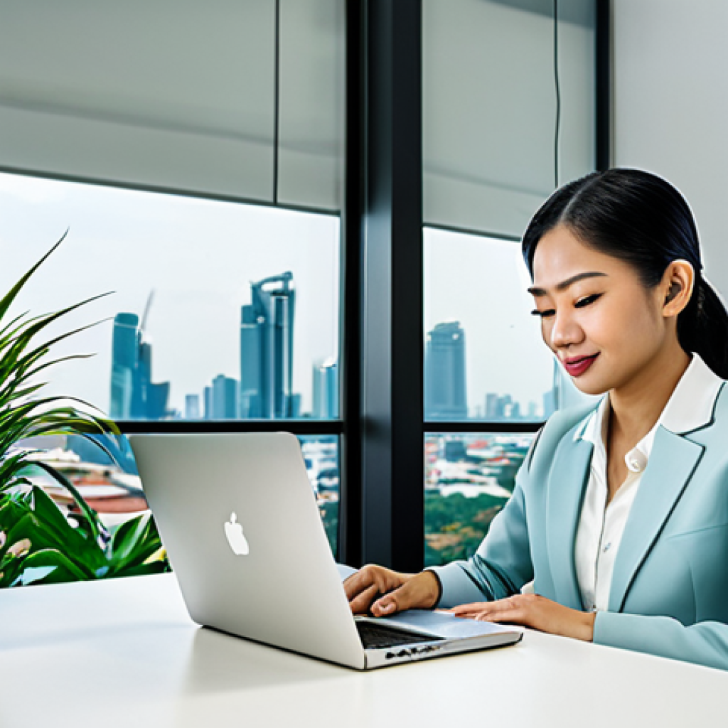 넛지 기법으로 개인의 행동 변화 유도하기 - **Image of a woman in a modern Thai business outfit, working at a laptop in a bright, open office wi...