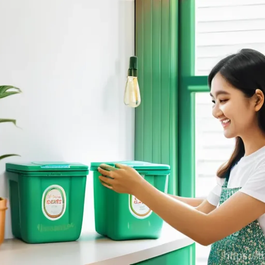 넛지 기법으로 지속 가능한 소비 촉진하기 - **Prompt for Waste Separation Nudge in a Thai Home:**
"A cozy, brightly lit modern Thai kitchen,...