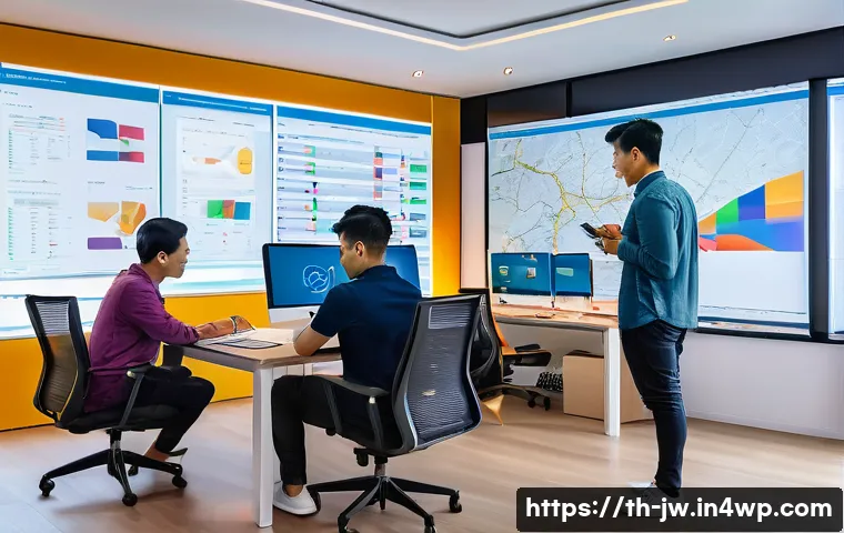 넛지 활용의 최신 트렌드 분석하기 - A modern Thai digital marketing office scene showcasing a diverse team analyzing big data on multipl...