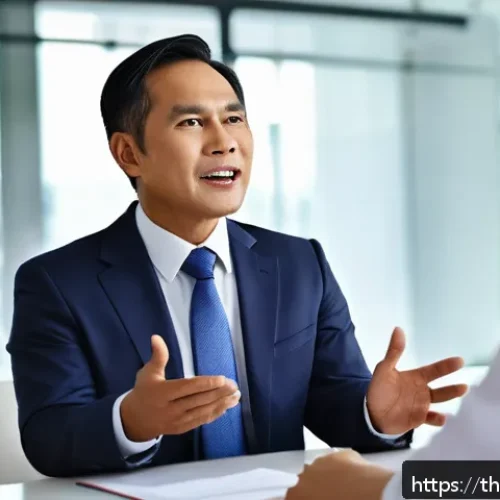 넛지의 효과적인 커뮤니케이션 전략 - A professional Thai office setting with a confident middle-aged Thai man in formal attire speaking p...