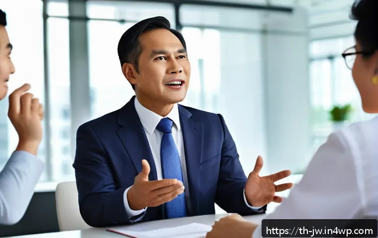 넛지의 효과적인 커뮤니케이션 전략 - A professional Thai office setting with a confident middle-aged Thai man in formal attire speaking p...