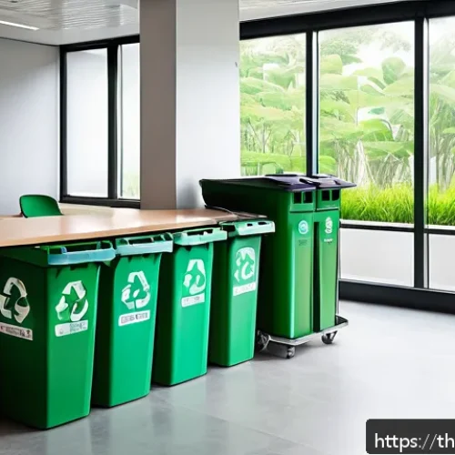 넛지 기법을 통한 자원 관리 최적화 - A modern office recycling station featuring clearly labeled bins with vibrant colors—green for recyc...