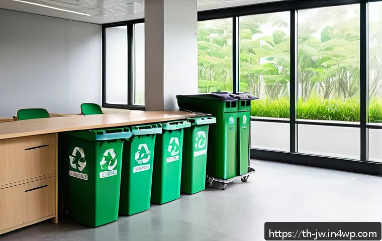 넛지 기법을 통한 자원 관리 최적화 - A modern office recycling station featuring clearly labeled bins with vibrant colors—green for recyc...