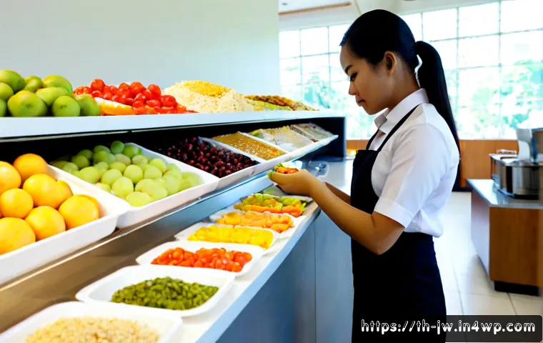 Home 29 넛지 기법의 심리학적 접근 방법 - Photorealistic Thai office cafeteria in Bangkok, a young Thai professional naturally choosing fresh ...