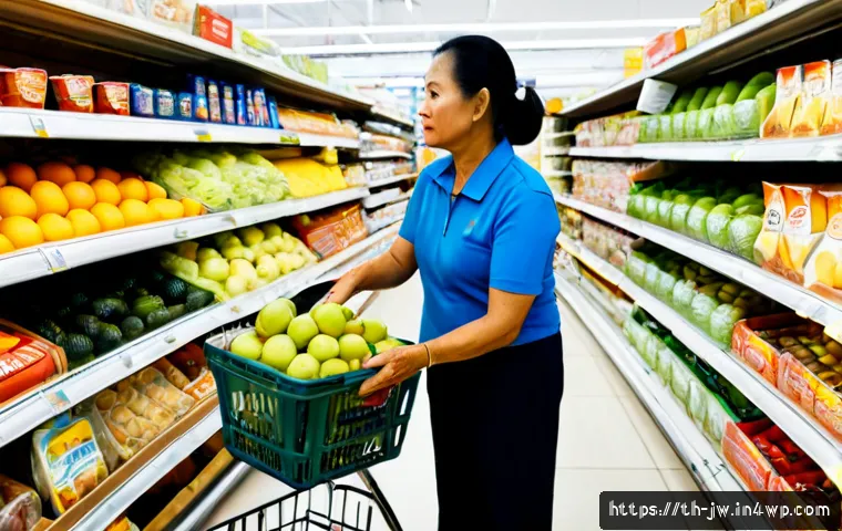 넛지 기법의 실천적 적용 사례 분석 - Photorealistic Thai supermarket aisle, a middle-aged Thai woman naturally choosing fresh fruit place...